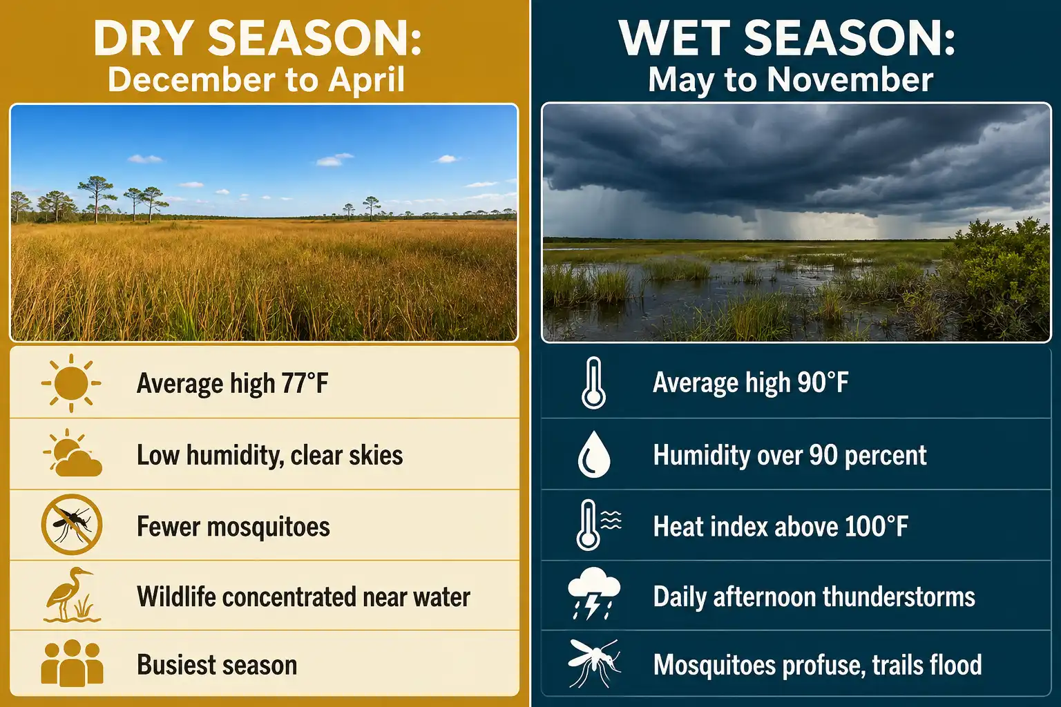 Side by side comparison of dry season and wet season hiking conditions in Everglades National Park