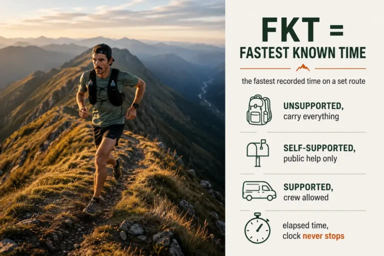 Trail runner on a ridge beside an infographic panel explaining that FKT means Fastest Known Time and listing the unsupported, self-supported and supported styles