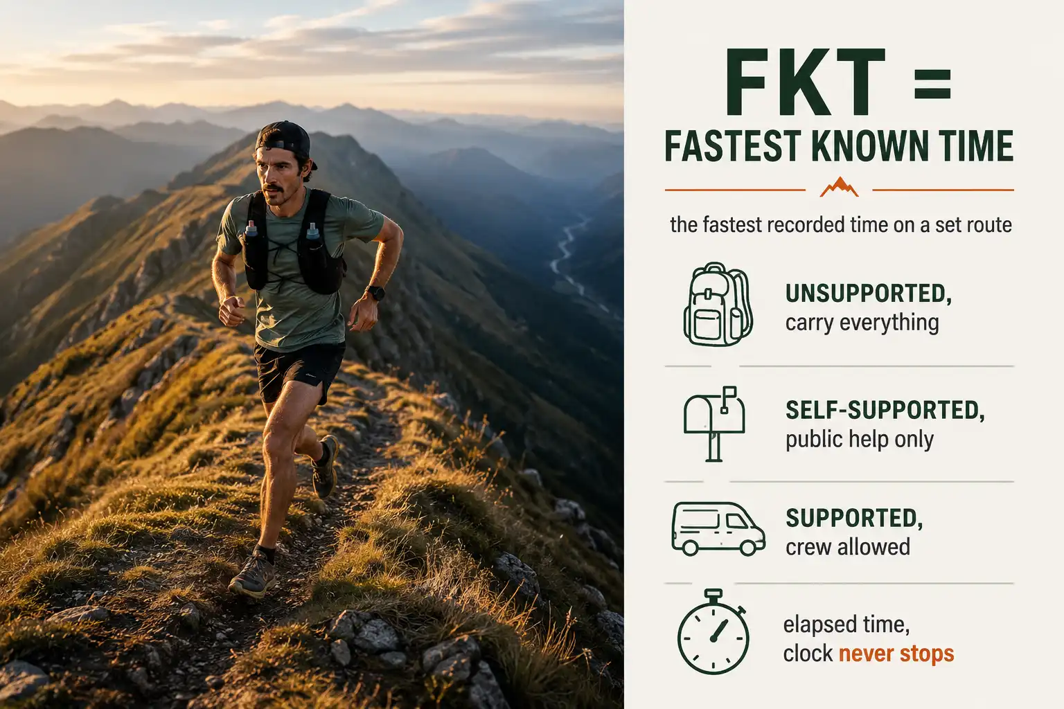 Trail runner on a ridge beside an infographic panel explaining that FKT means Fastest Known Time and listing the unsupported, self-supported and supported styles