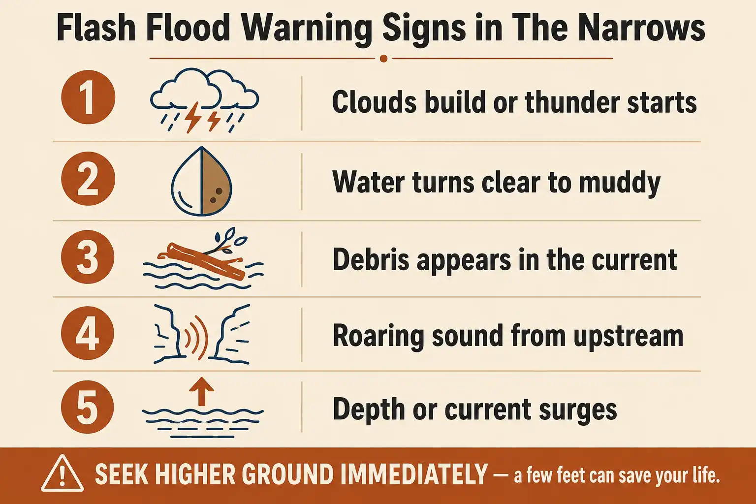 Infographic showing five flash flood warning signs including muddy water, floating debris, cloud buildup, roaring sound, and rising current, with an instruction to climb to higher ground