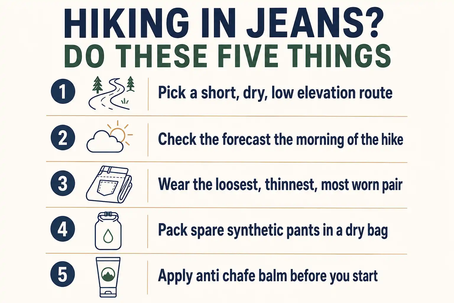 Infographic checklist showing five steps for hiking in jeans, including picking a short dry route, packing spare synthetic pants, and applying anti chafe balm