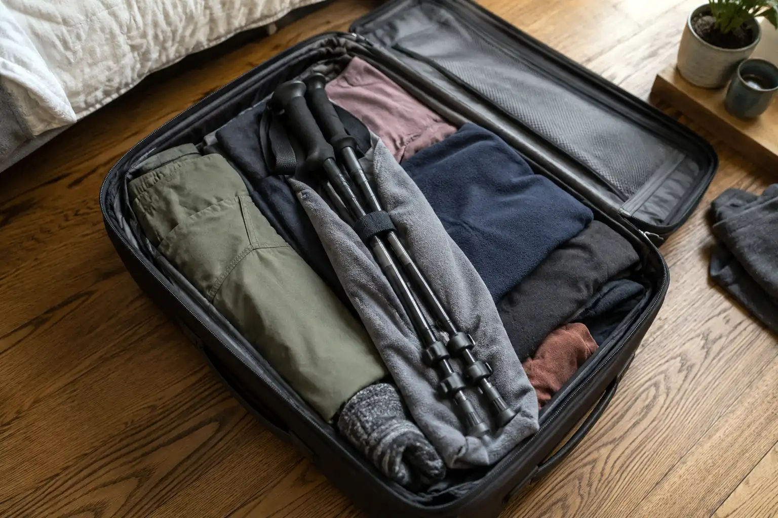 Folded Z-style trekking poles wrapped in clothing and laid along the center of an open suitcase