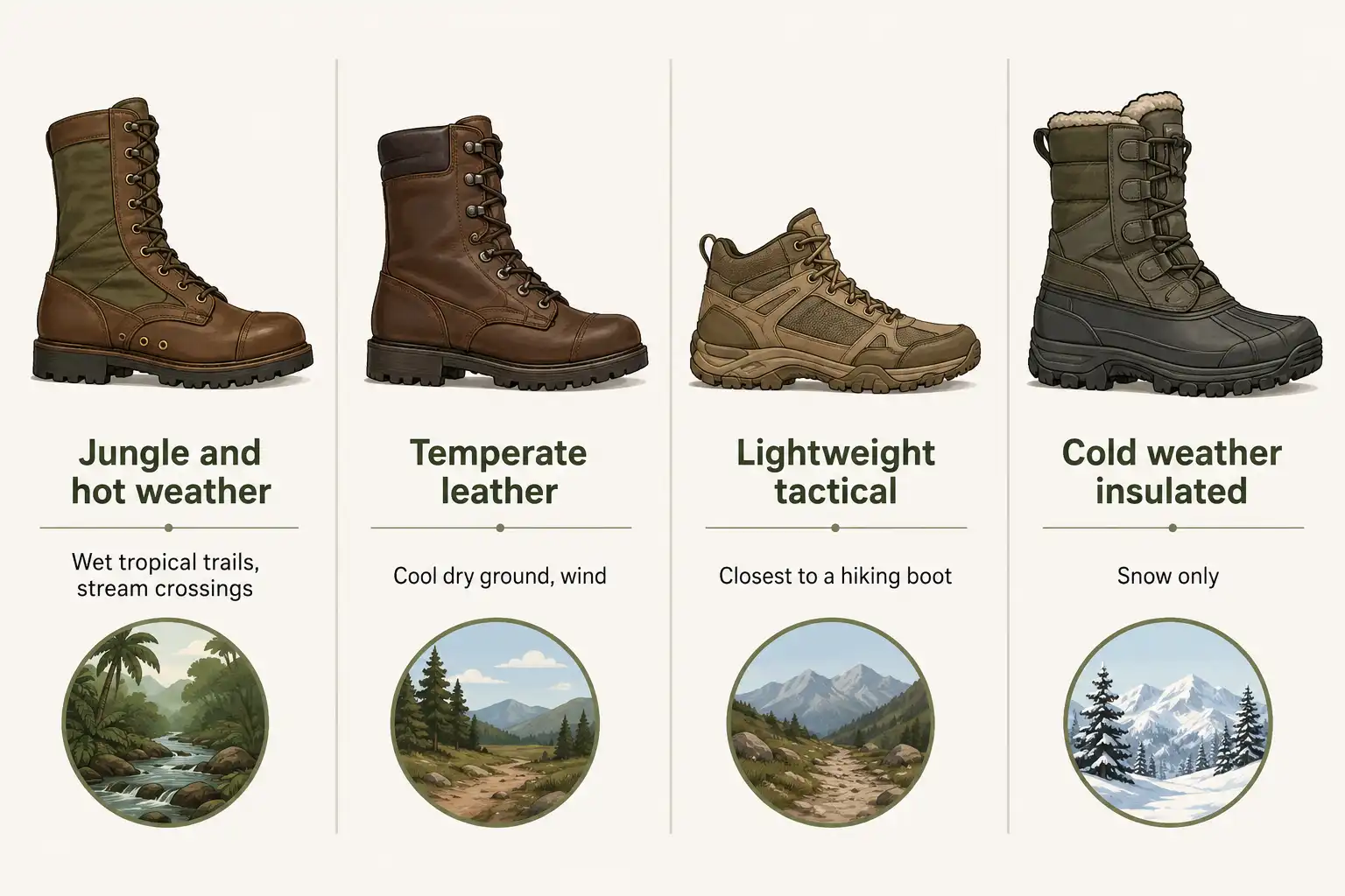 Infographic matching jungle, leather, lightweight tactical, and insulated combat boots to the terrain each suits best