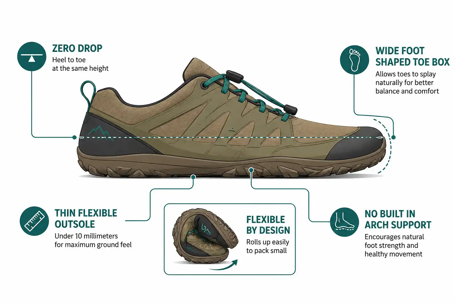 Labeled diagram of a barefoot hiking shoe of zero drop sole, thin flexible sole, wide toe box, and no arch support