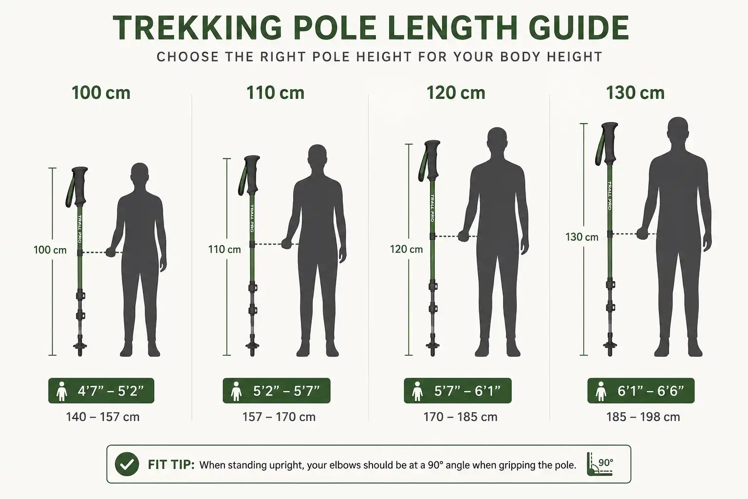 Infographic comparing 100, 110, 120 and 130 cm trekking poles standing next to hiker silhouettes of matching heights