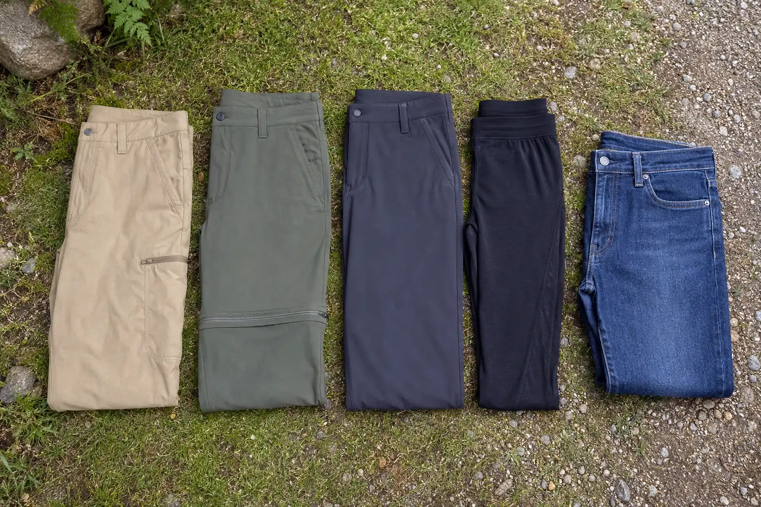 Overhead view of nylon hiking pants, convertible zip off pants, softshell pants and a synthetic base layer laid out on grass next to a folded pair of blue jeans
