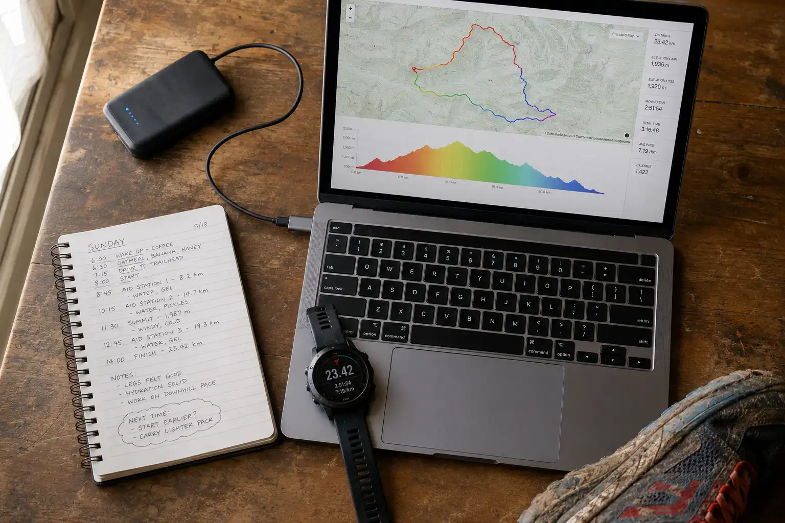 Laptop screen showing the GPS track of a mountain route beside a GPS watch and a handwritten trip report notebook