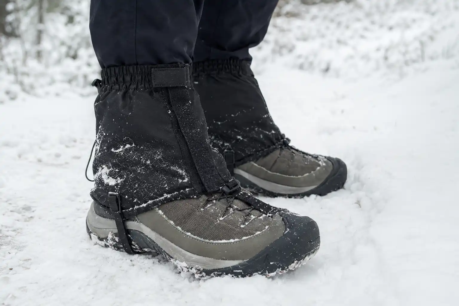 Hiker wearing low ankle gaiters fastened over low cut hiking shoes on a snowy trail, with the instep cord visible under the sole