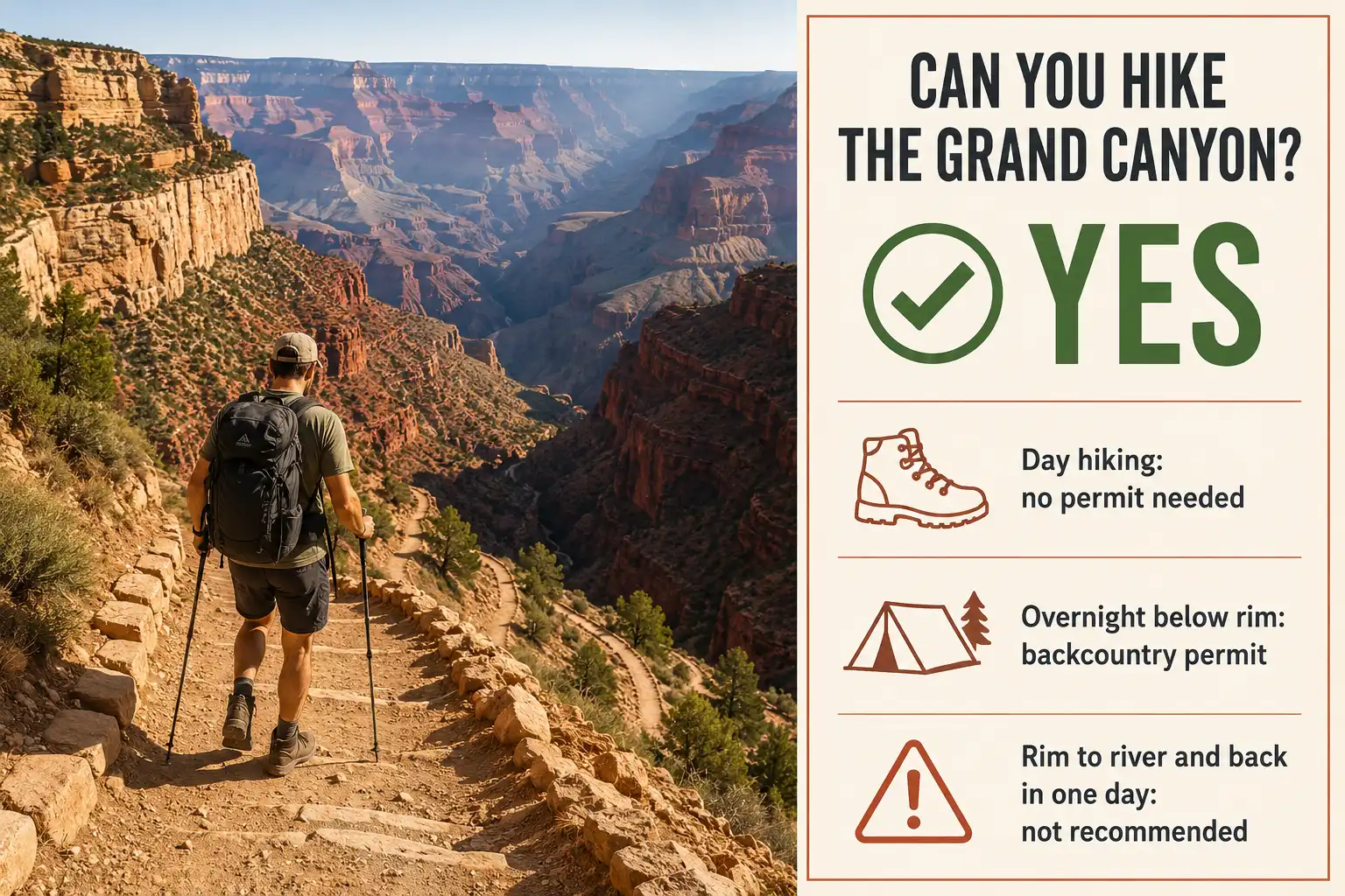 Hiker on a Grand Canyon switchback trail beside a panel showing that day hiking needs no permit and overnight camping does