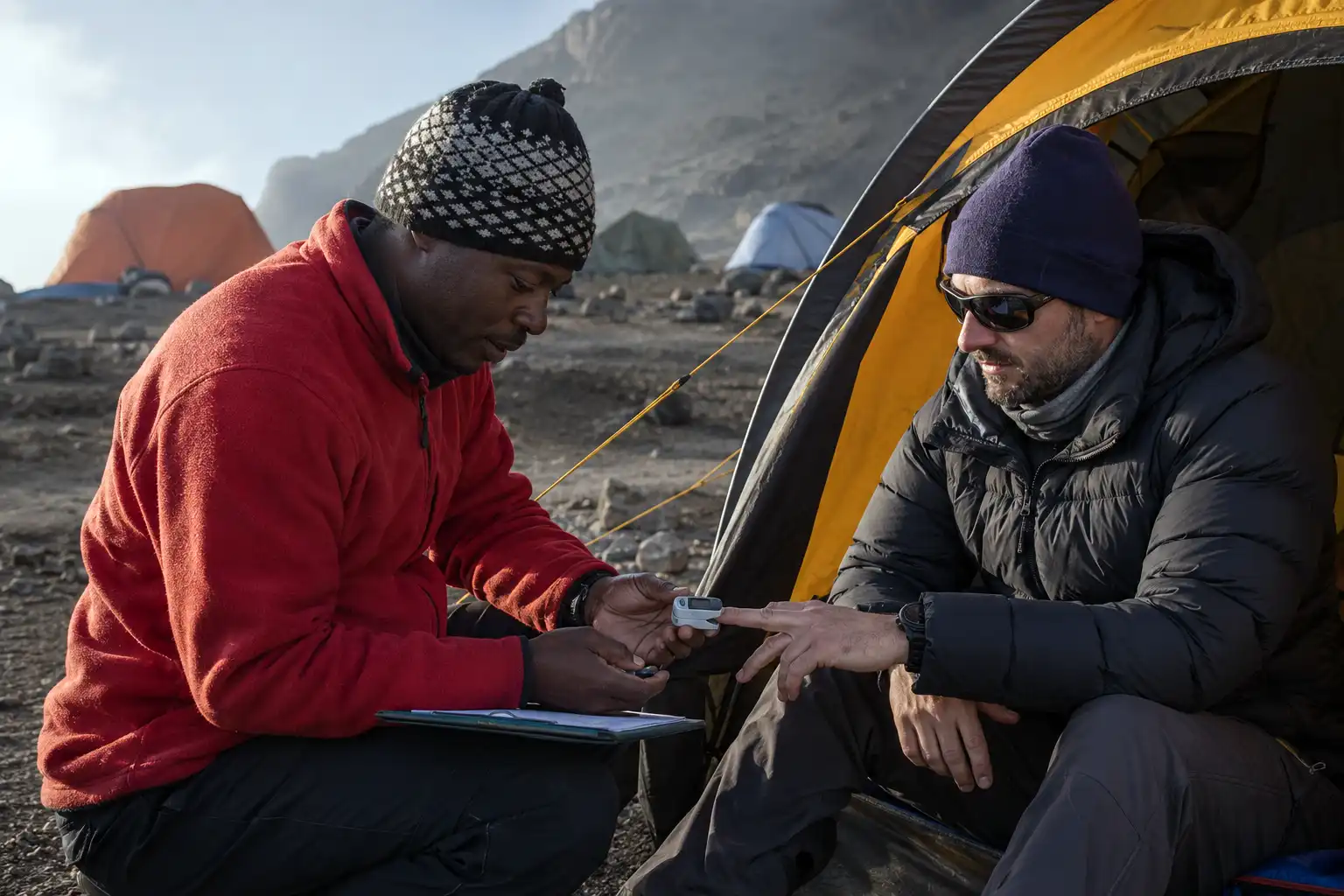 Kilimanjaro guide clipping a pulse oximeter to a climber's finger outside a tent at high camp during a health check
