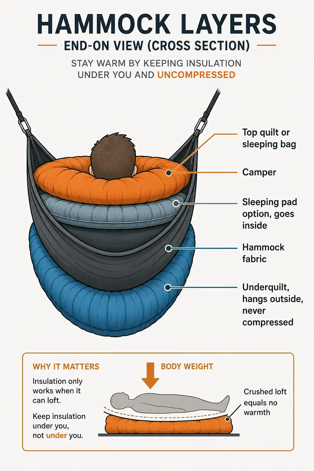 Cutaway infographic of how an underquilt hangs below a hammock and a top quilt sits inside to prevent cold butt syndrome