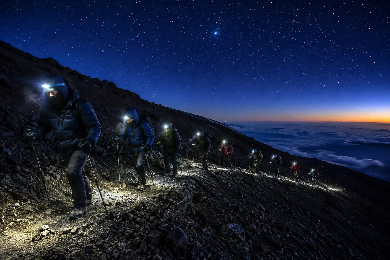 Line of climbers ascending steep volcanic scree switchbacks by headlamp during the night summit push on Kilimanjaro