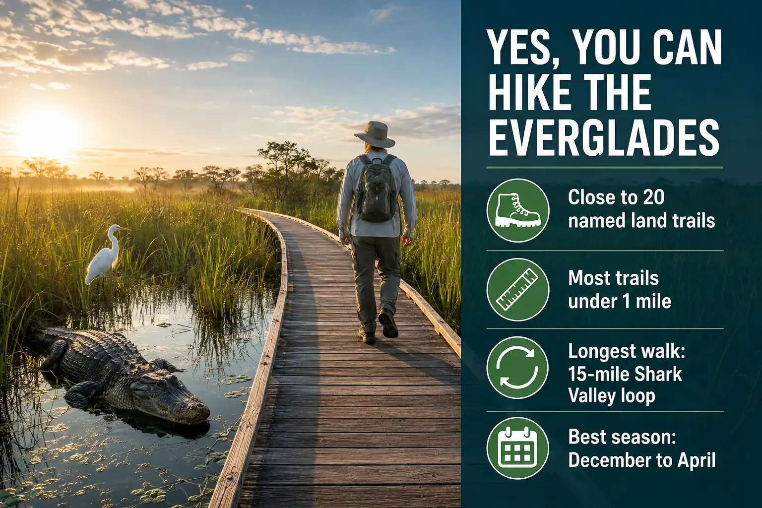 Hiker on a boardwalk trail in Everglades National Park beside an alligator, with an infographic panel answering whether you can hike in the Everglades