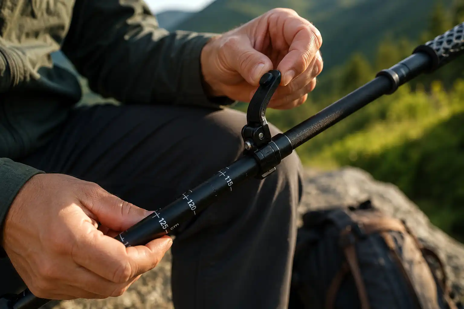 Hiker opening the lower flip lock on a three section trekking pole with centimeter markings visible on the shaft