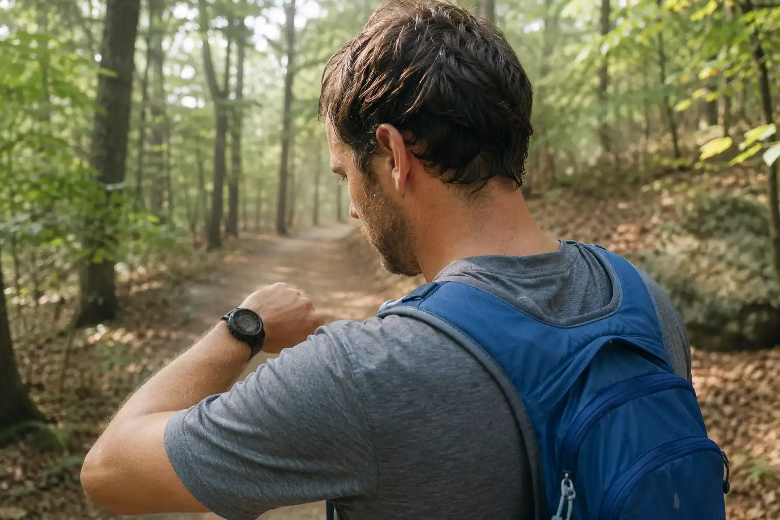Hiker checking a GPS watch while walking a flat packed dirt trail through open forest