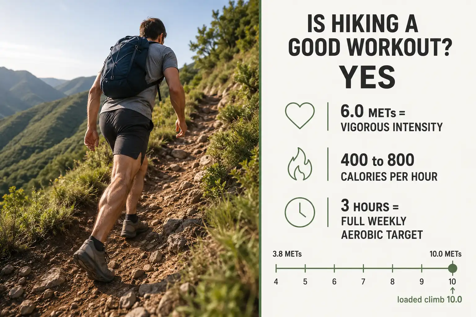 Hiker climbing a steep hill trail next to a data panel showing hiking reaches 6.0 to 7.8 METs and burns 400 to 800 calories per hour