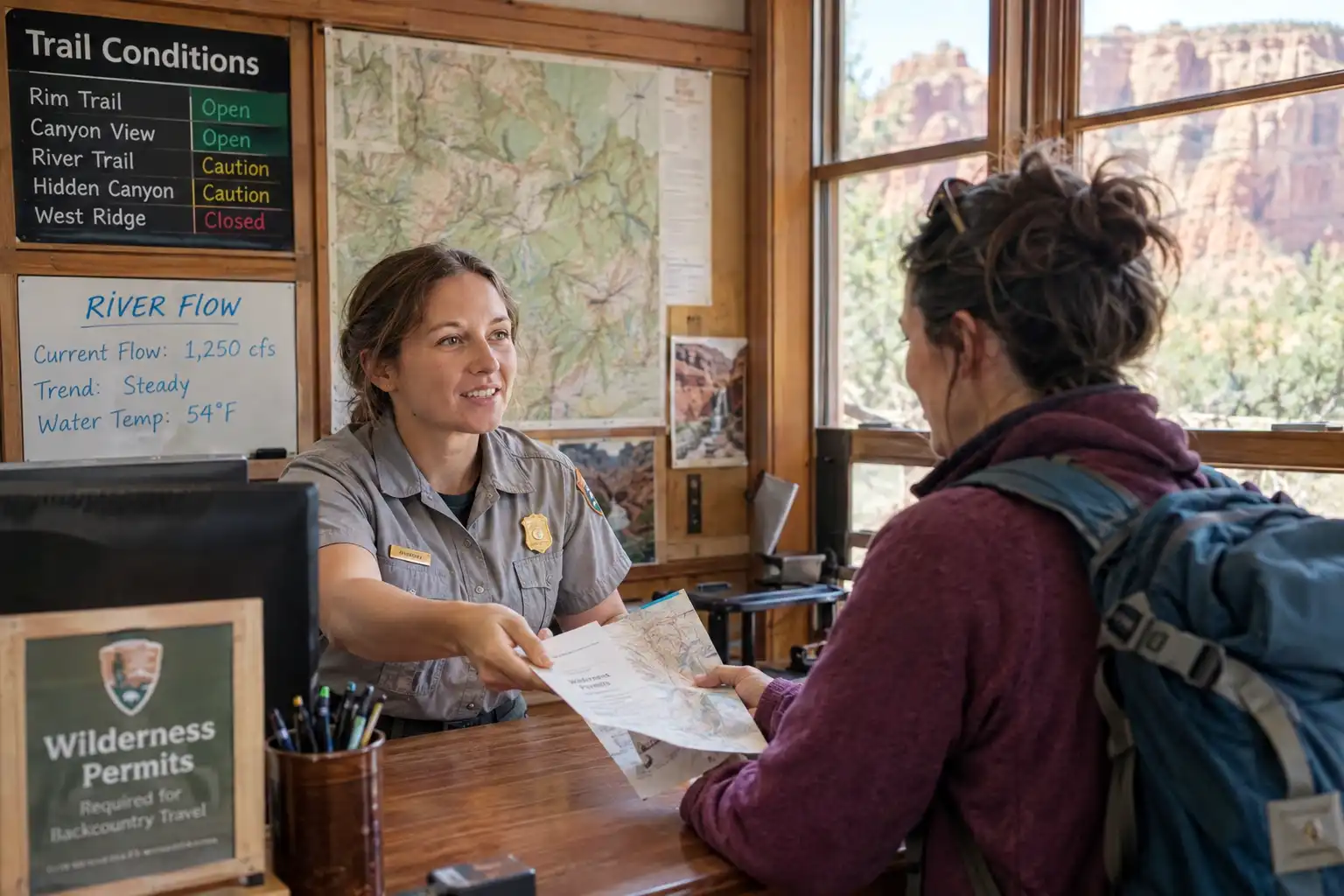 Park ranger handing a printed wilderness permit across the Wilderness Desk counter to a hiker at the Zion Canyon Visitor Center