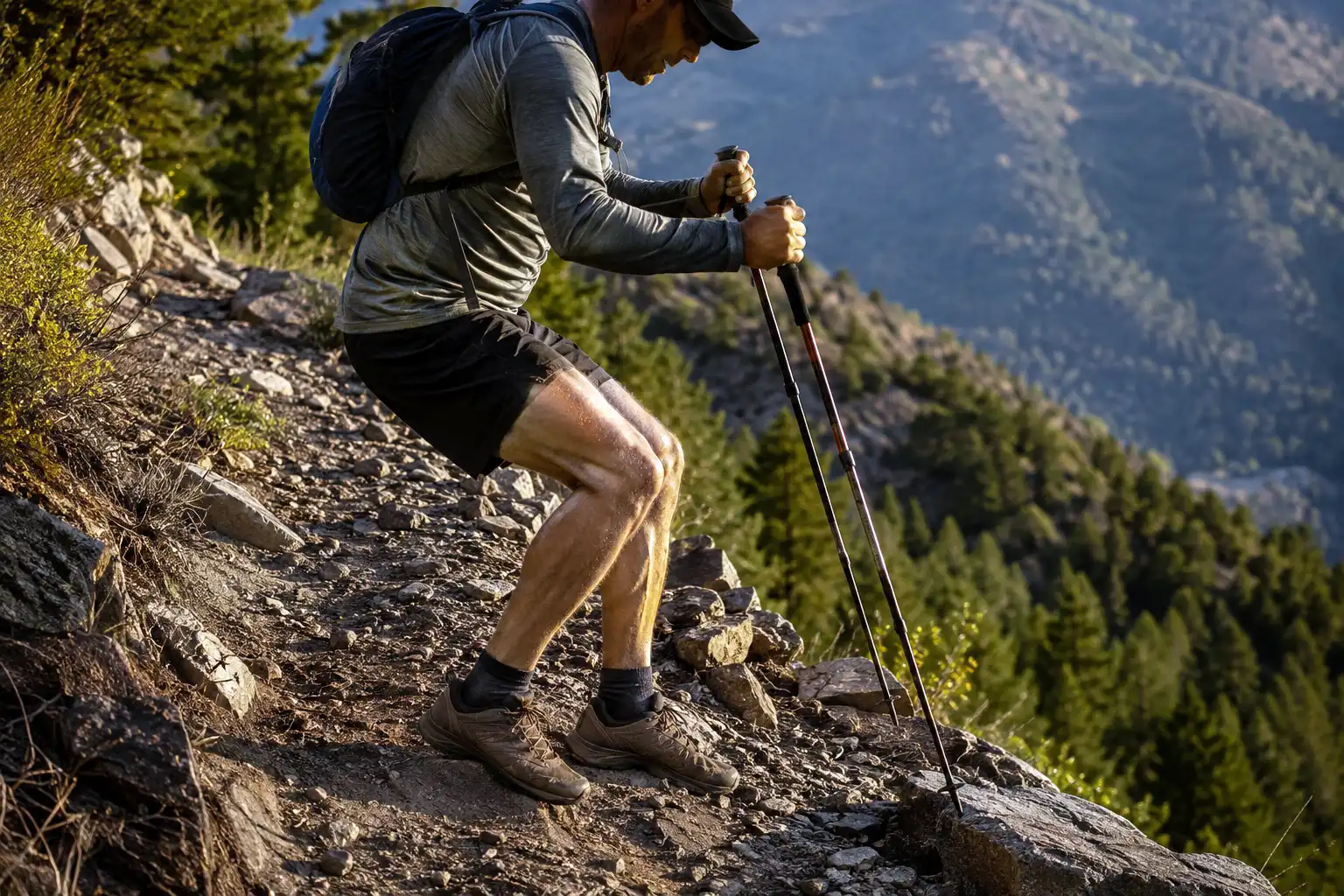 Hiker stepping down a steep rocky descent with bent knees and trekking poles planted ahead to take load off the knee joints