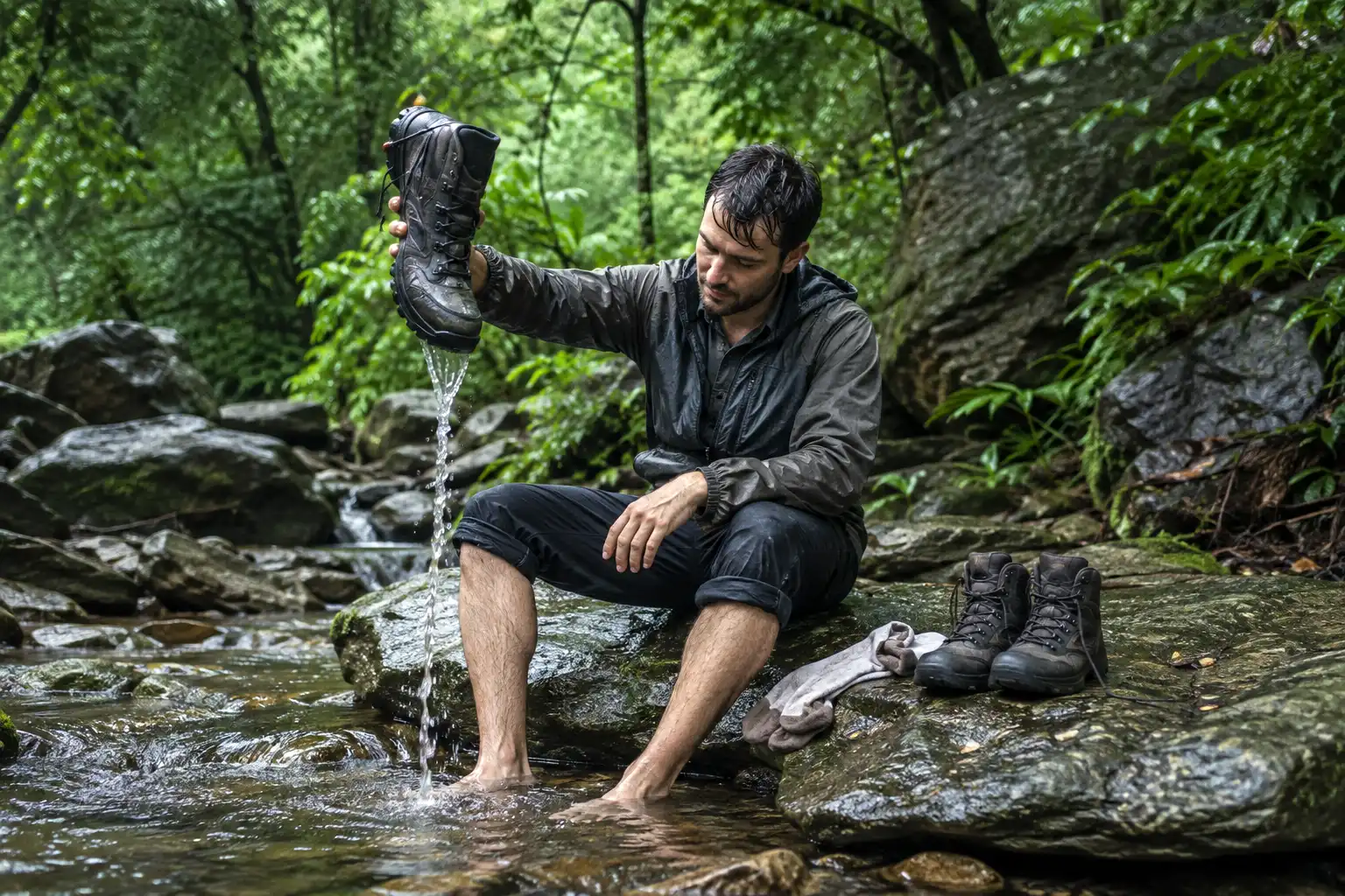 Hiker sitting on a rock draining water from a military boot after crossing a shallow forest stream