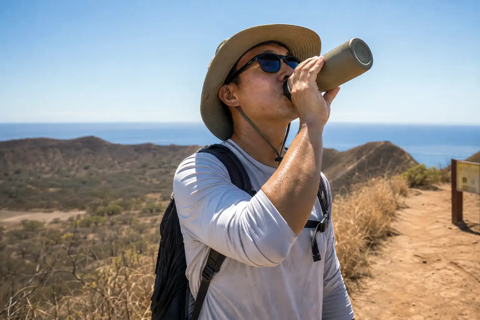 Hiker in a sun hat drinking from a water bottle on a shadeless section of the Diamond Head trail with the crater rim behind