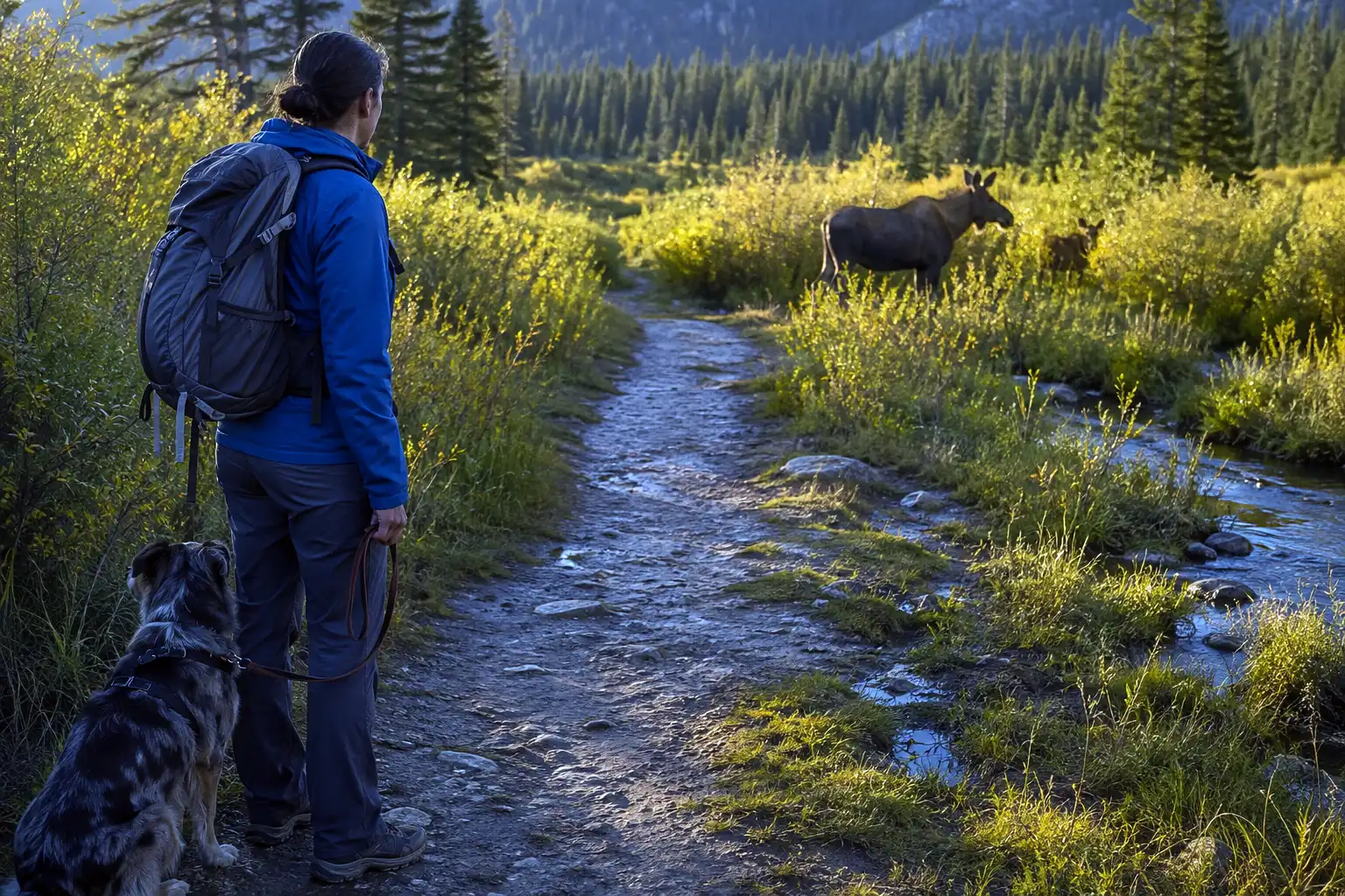 Hiker keeping a dog on a short leash at their side while a moose feeds in willow brush well down the trail, the safest setup in moose country