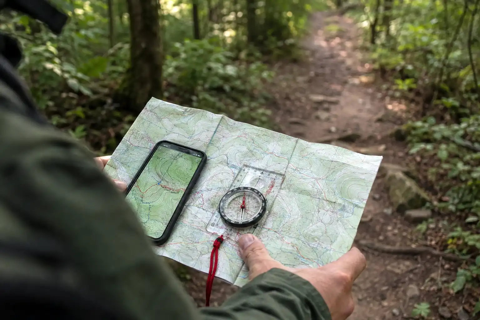 Hiker orienting a paper topographic map with a baseplate compass on a wooded trail with a phone showing an offline map nearby