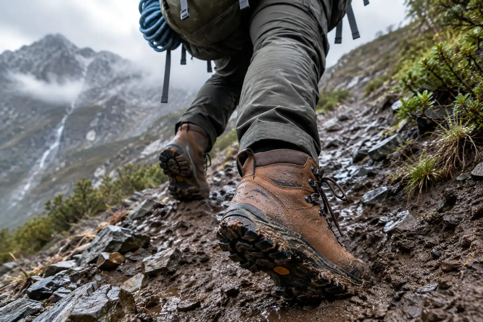 Hiker wearing mid cut hiking boots stepping across wet muddy scree while carrying a heavy climbing pack