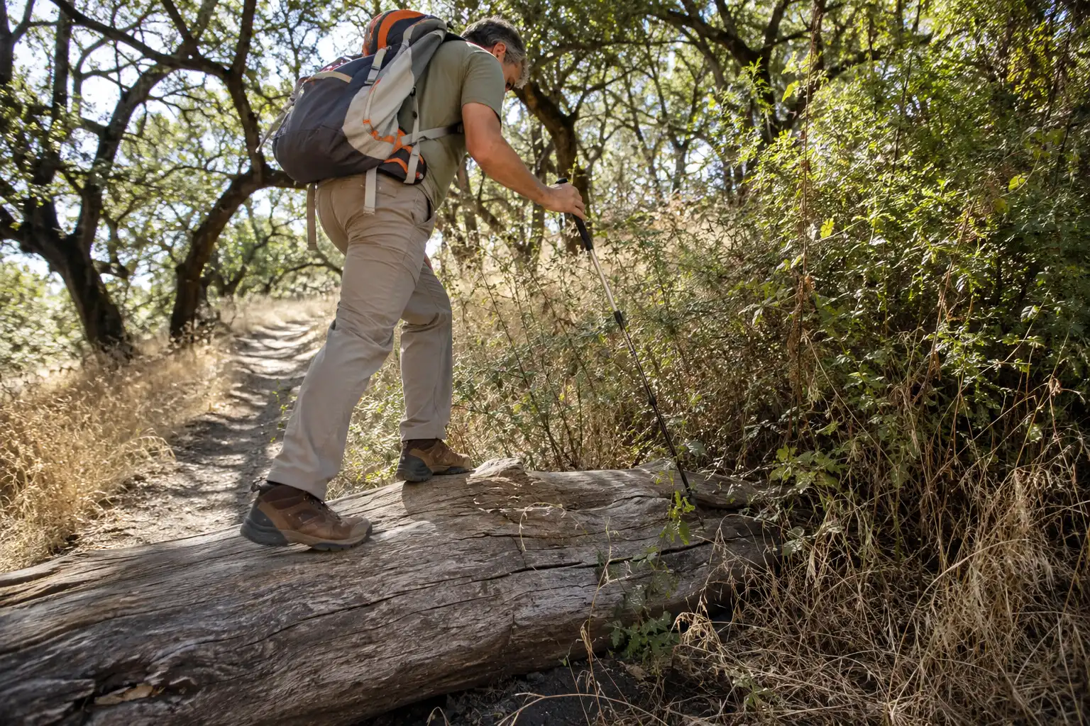 Hiker wearing sturdy boots and long pants stepping onto a fallen log instead of over it while checking the ground ahead with a trekking pole