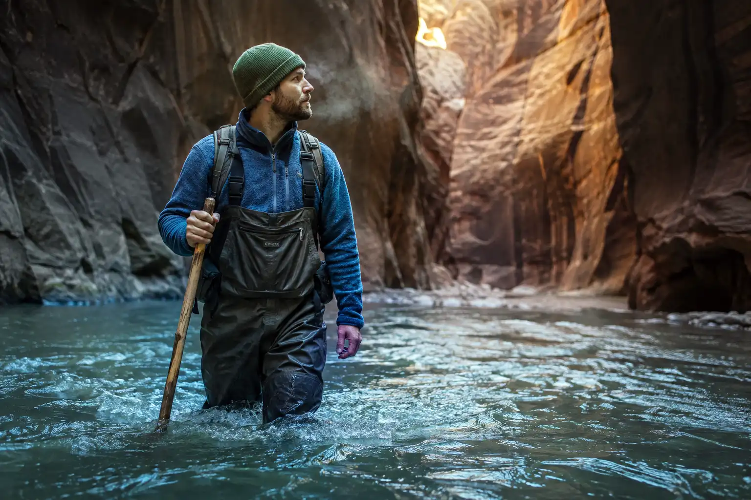 Hiker wearing dry bibs, neoprene socks, and canyoneering boots standing thigh-deep in the cold Virgin River holding a wooden walking stick