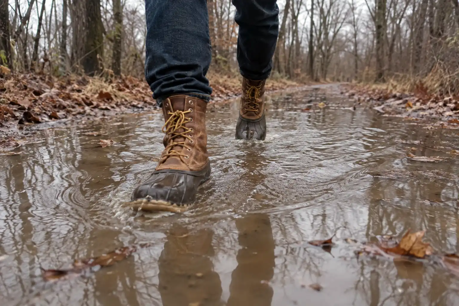 Hiker wearing tall duck boots stepping through several inches of standing muddy water on a flat forest track with water level well below the top of the rubber