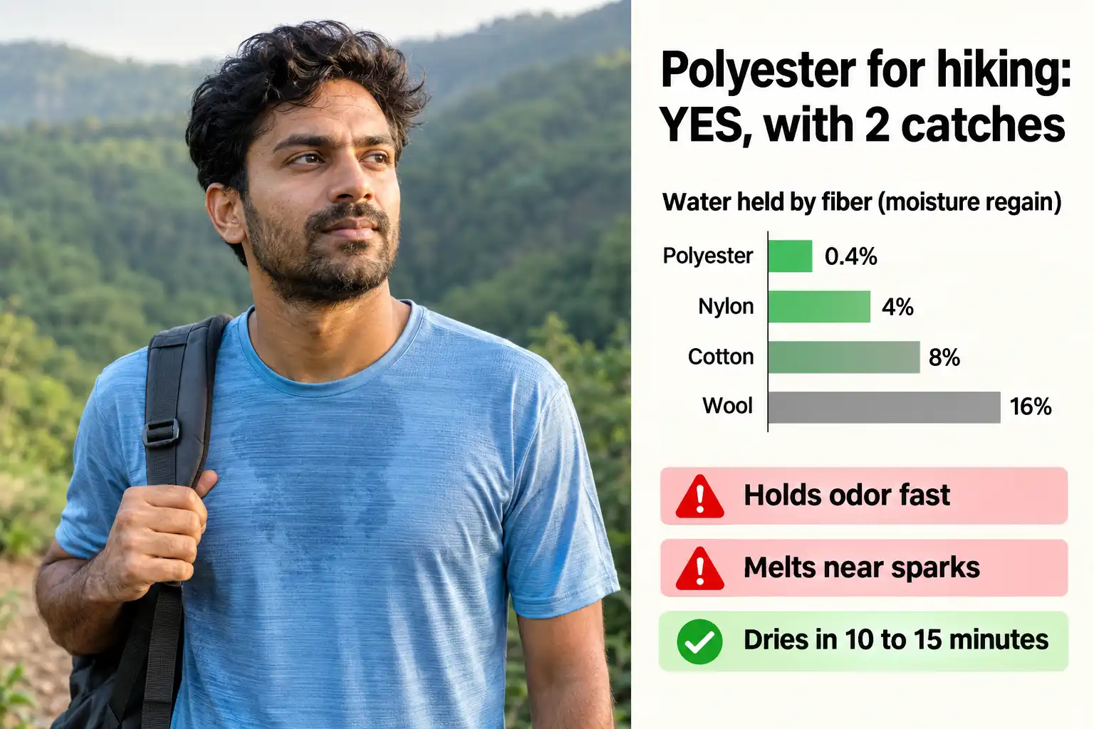Hiker in a light blue polyester shirt on a forest trail beside a chart comparing water absorption of polyester, nylon, cotton, and wool