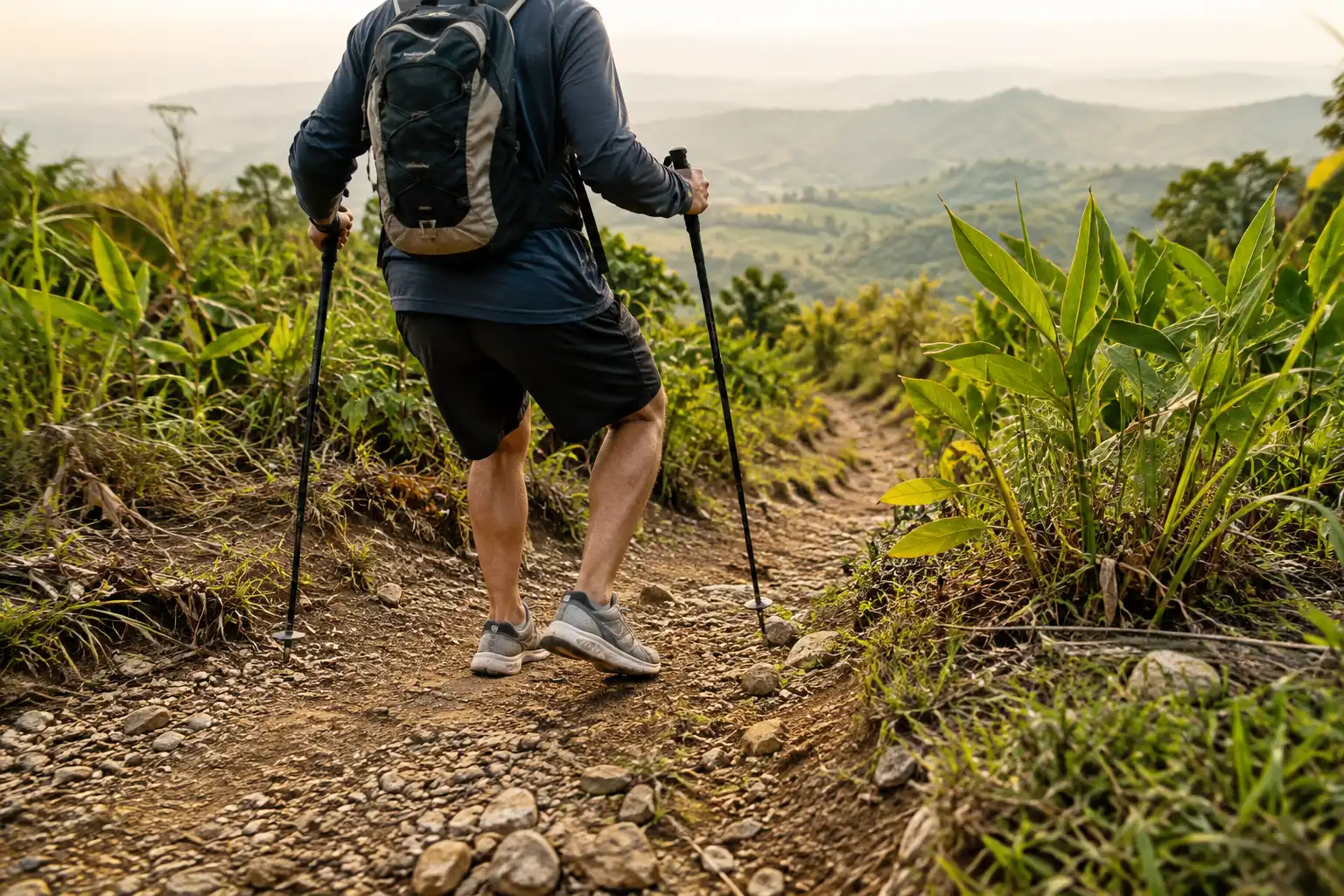 Hiker wearing road running shoes descending a loose gravel trail while using trekking poles for stability