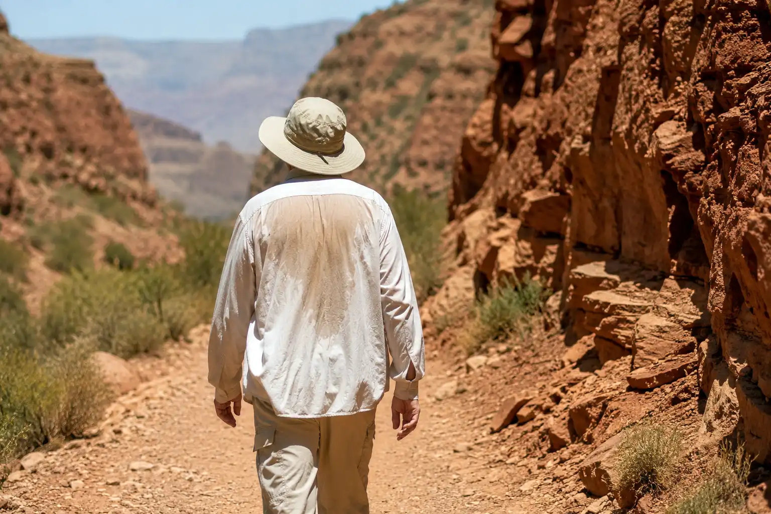 Hiker wearing a soaked loose light colored cotton shirt on a sunlit desert canyon trail, showing how wet cotton cools the body in dry heat