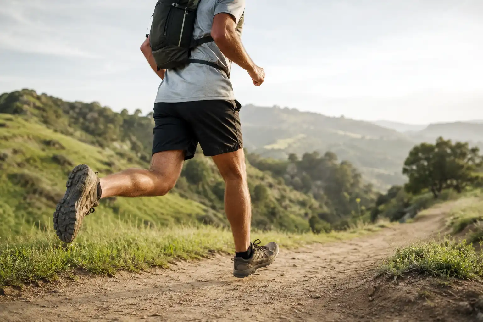 Hiker running along a flat packed dirt trail through green hills wearing low-cut hiking shoes and a small daypack