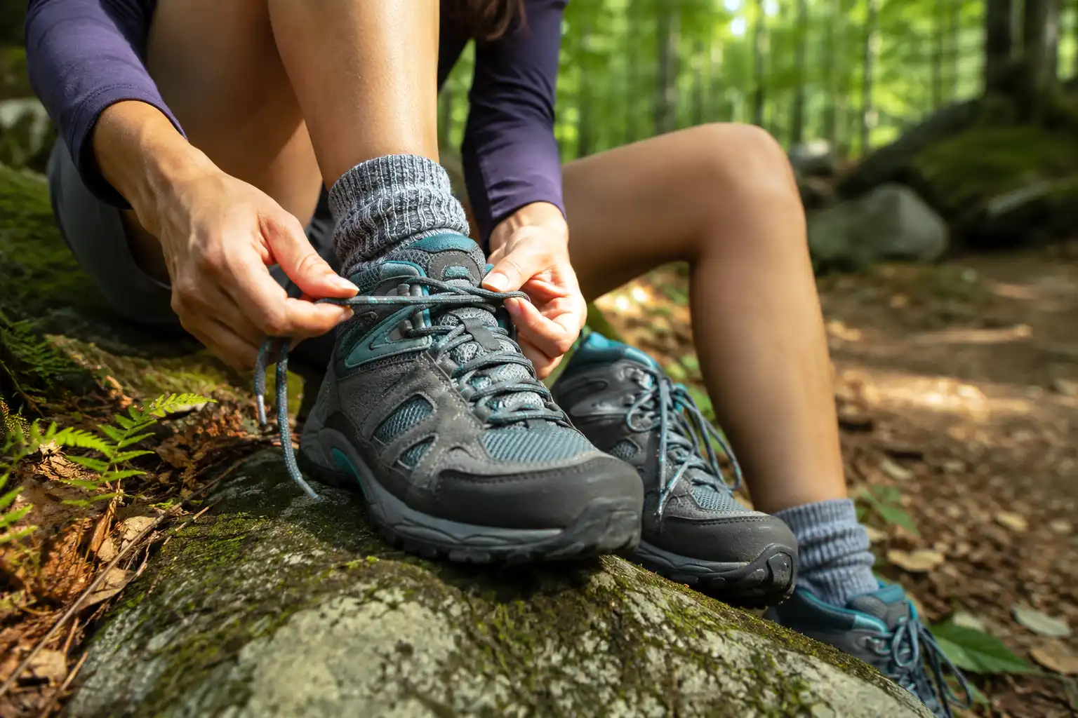 Woman sitting on a rock lacing a mid cut hiking shoe over a gray merino wool hiking sock on a forest trail