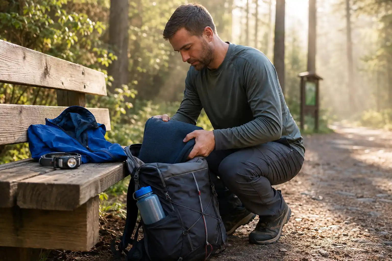 Hiker packing a fleece and water bottle into a small daypack on a wooden bench at a forest trailhead in early morning light