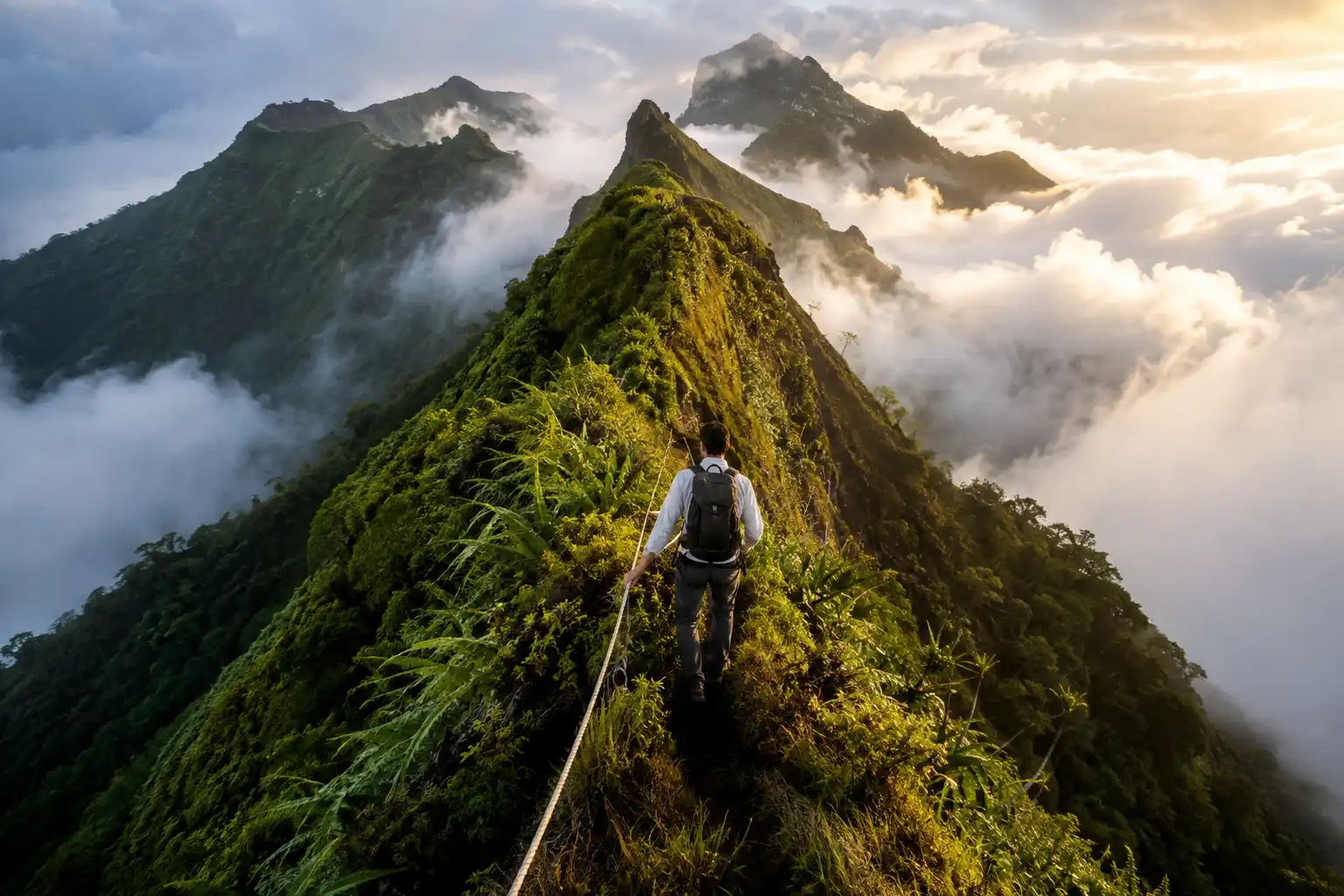 Hiker holding a fixed rope on a narrow grassy ridge above the clouds on Mount Aorai