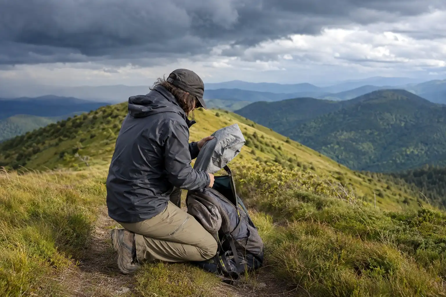 Hiker on an open ridge trail pulling a rain shell out of a day pack while dark clouds build over the hills behind