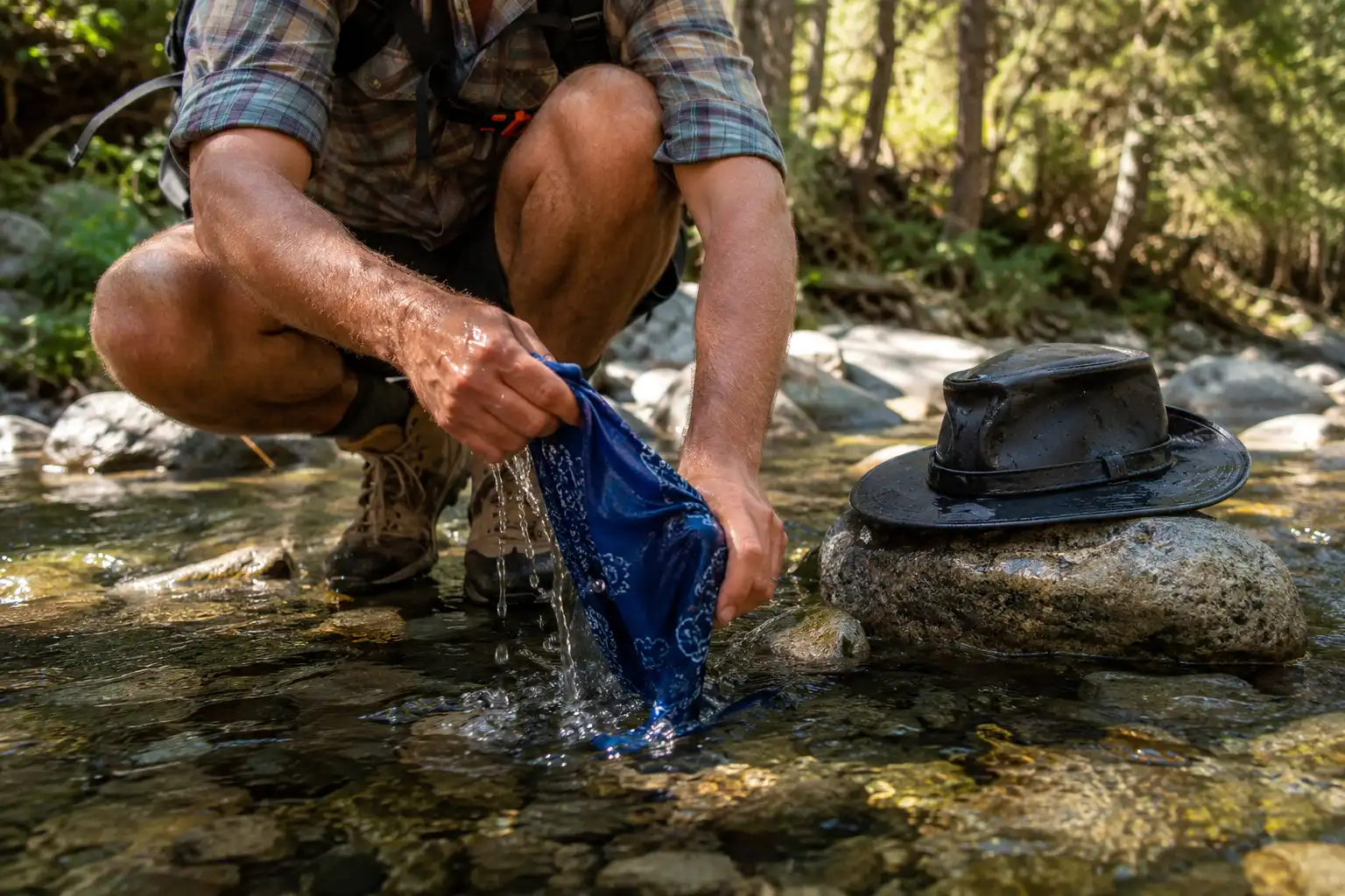 Hiker crouching at a small stream soaking a bandana and hat in water to cool off during a hot weather hike