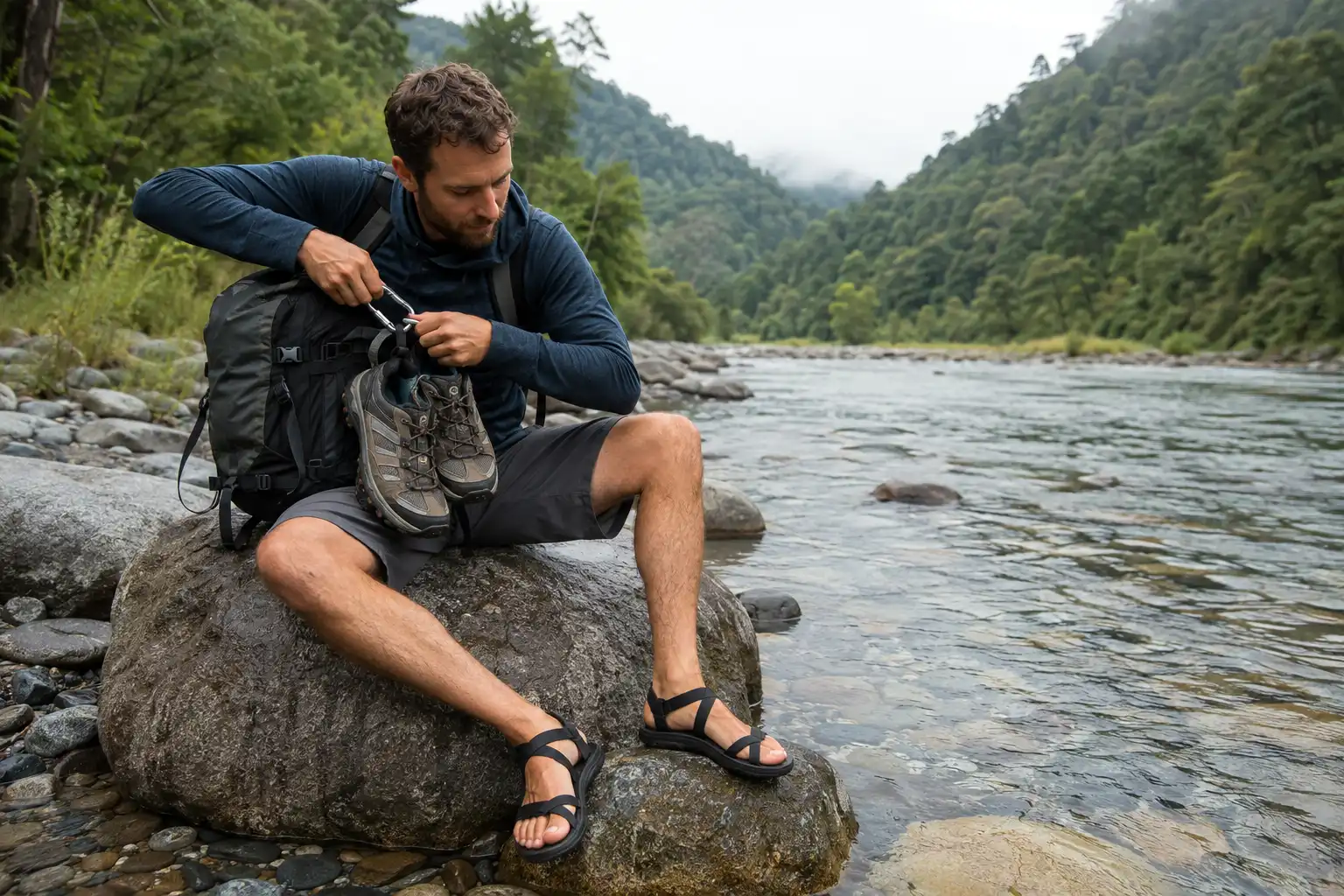 Hiker sitting on a rock at a river bank swapping hiking shoes for strapped sandals before crossing the water