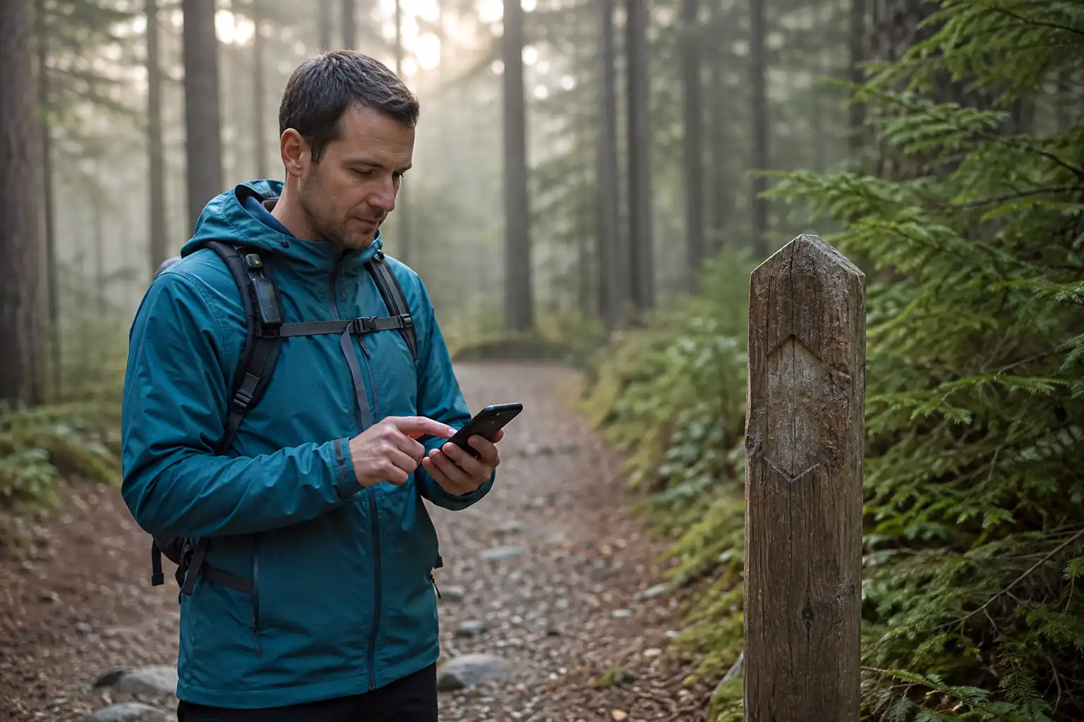 Hiker standing beside a wooden trail distance marker while starting a timer on a smartphone