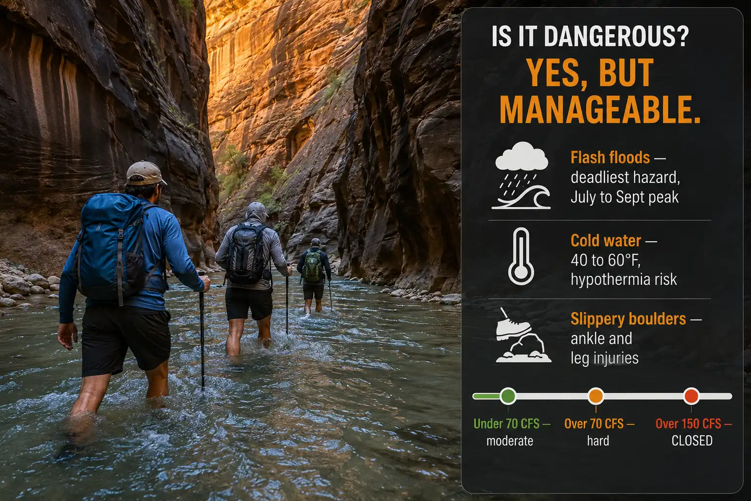 Hikers wading through the Virgin River between tall canyon walls beside a panel listing the three main dangers of hiking The Narrows in Zion