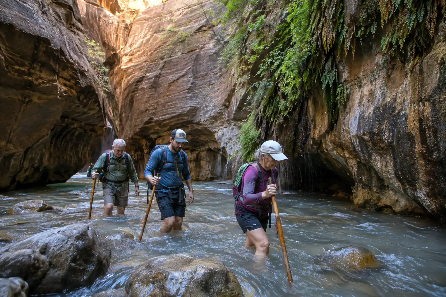 Hikers in quick-dry clothing wading upstream through the Virgin River where the paved Riverside Walk ends and the Narrows begins