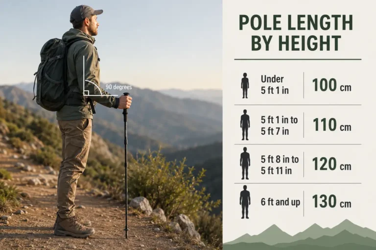 Hiker holding a trekking pole with elbow bent at 90 degrees beside a chart showing pole lengths of 100, 110, 120 and 130 cm for different heights