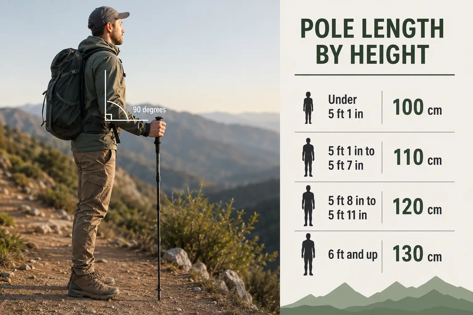 Hiker holding a trekking pole with elbow bent at 90 degrees beside a chart showing pole lengths of 100, 110, 120 and 130 cm for different heights