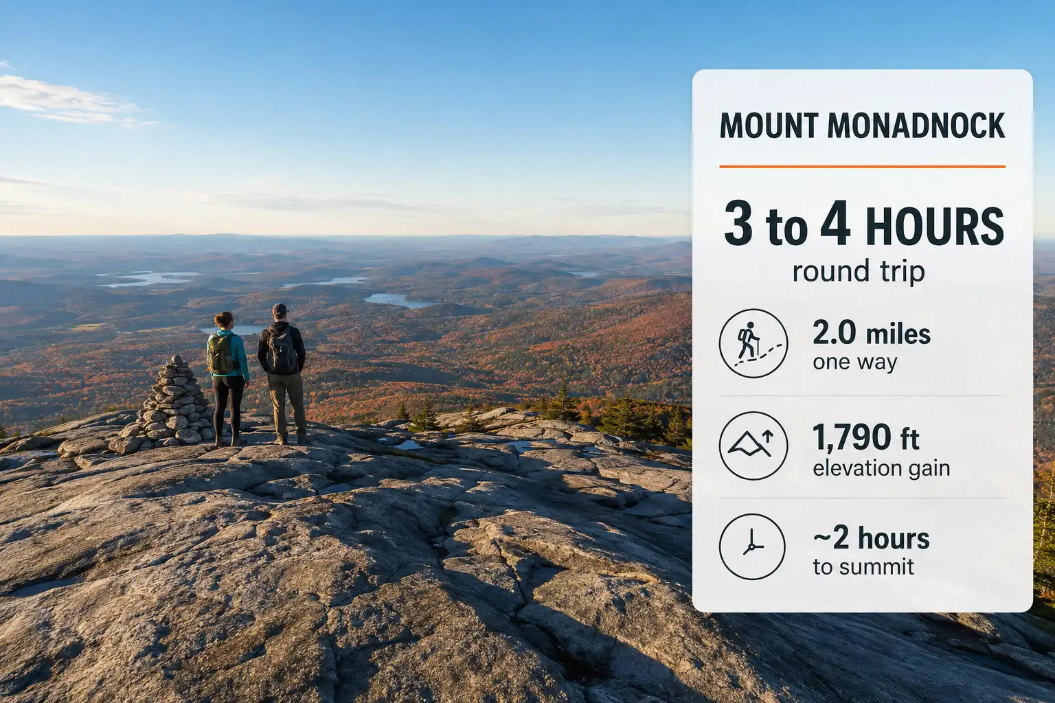 Hikers on the bare granite summit of Mount Monadnock with a graphic overlay showing a 3 to 4 hour round trip time and White Dot Trail distance