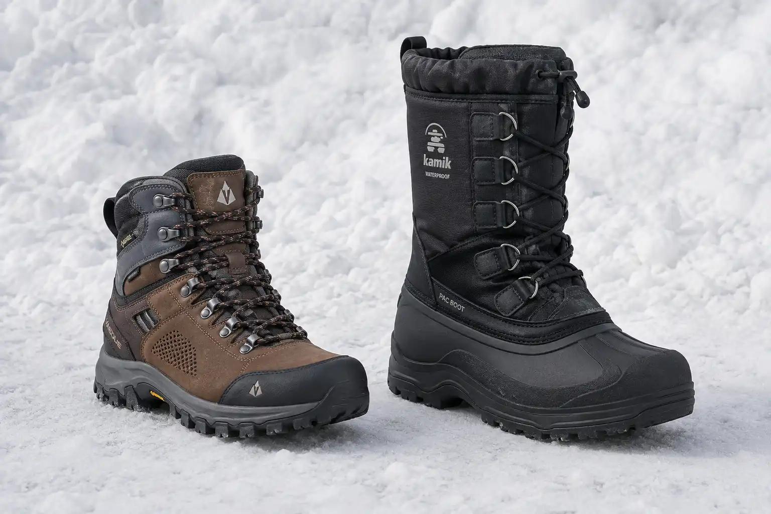 Uninsulated mid-cut hiking boot next to a tall insulated snow boot standing in snow for size and height comparison