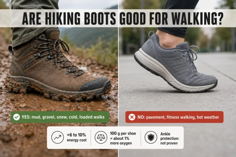 Split comparison of a hiking boot on muddy ground and a walking shoe on pavement with labels showing which surface each suits