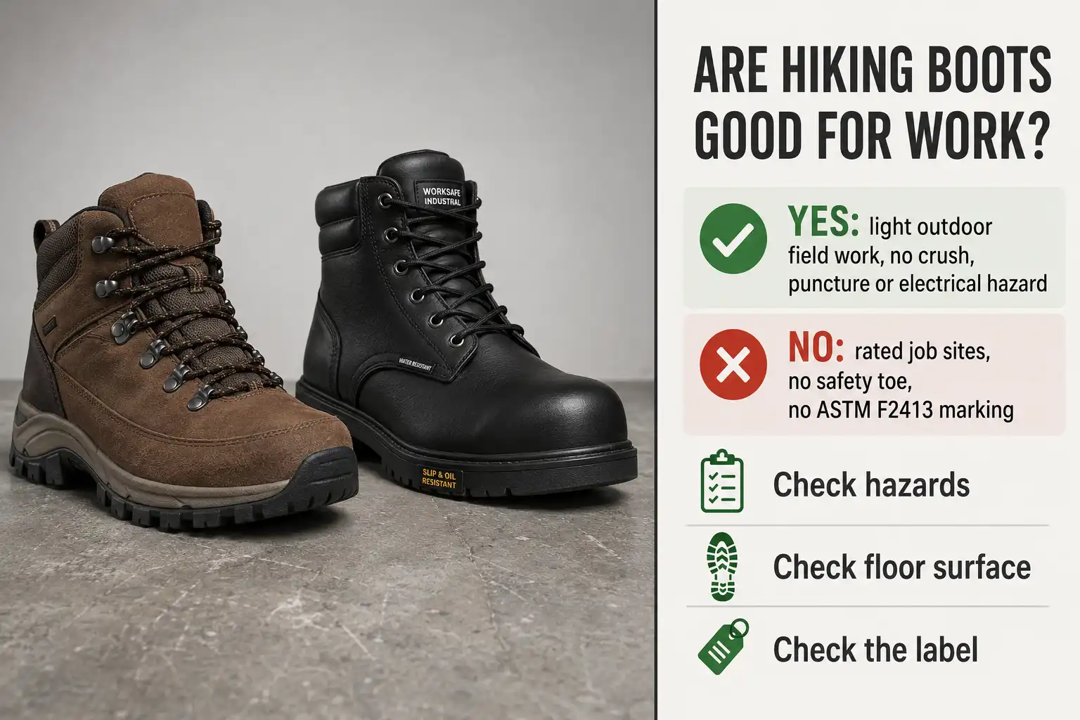 Hiking boot beside a steel toe work boot with a panel showing hiking boots suit light outdoor jobs but fail ASTM rated sites