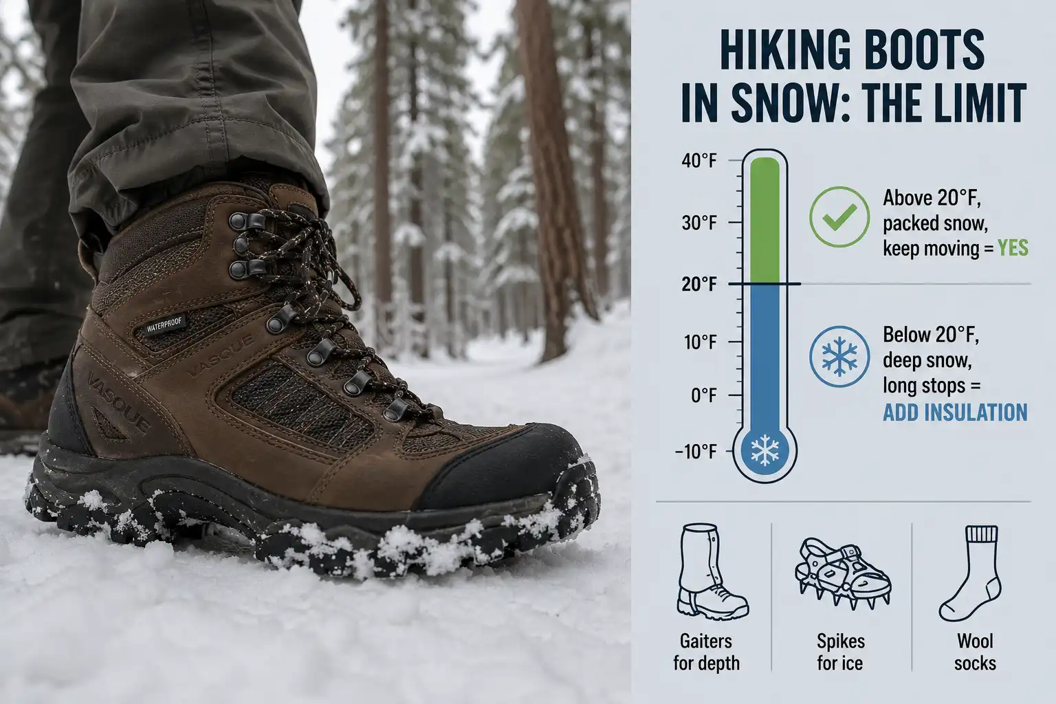 Waterproof hiking boot standing in packed snow beside a chart showing hiking boots work above 20 degrees Fahrenheit and need insulation below it